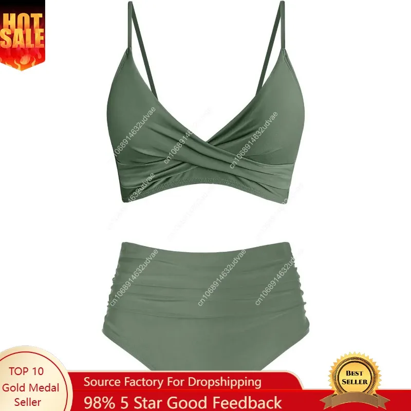 Swimsuit Bikini Ruched - Ensemble bikini taille haute pour femme,