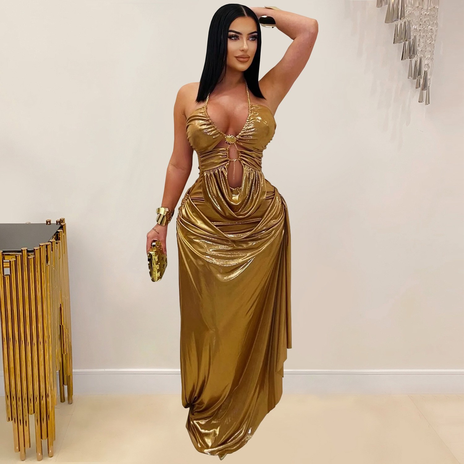 Robe de soirée longue dorée mé - Maxi Dress Halter avis et prix